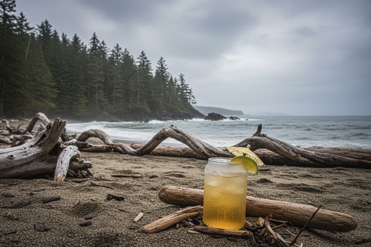 A glass of iced beverage with a lime wedge and a small paper umbrella sits on a sandy beach littered with driftwood in front of a forest and the ocean.